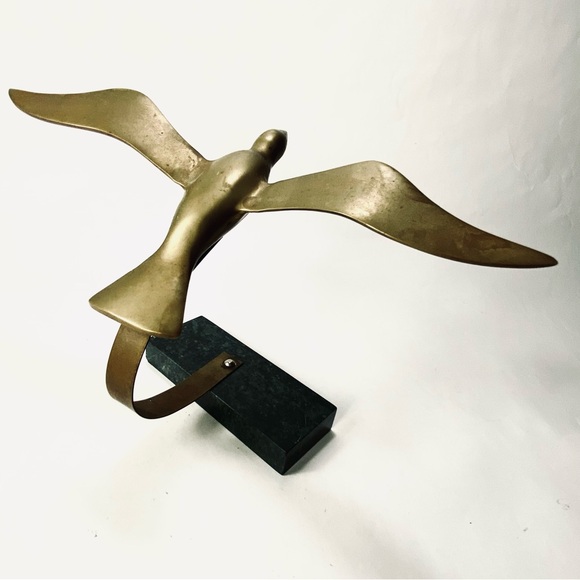 6" Vintage Mid Century Modern Solid Brass Sea Gull Sculpture Bird Marble Base - Picture 1 of 15